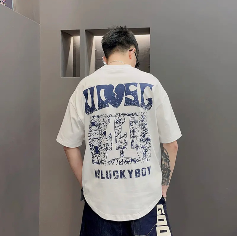Été nouveau Looe imprimé col rond à manches courtes t-shirt pour hommes à la mode Arc Tailcoat Veratile mince moitié_voghion.com