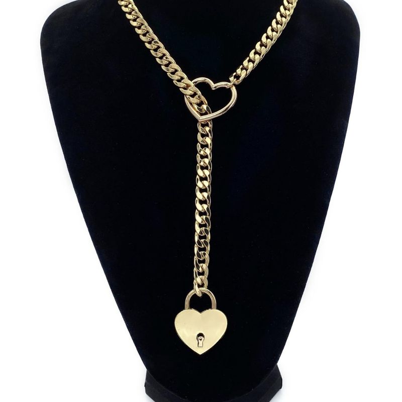 Collana in ottone placcato oro vero, di grande vendita, con anello a forma di cuore, stile punk, rock, cubano, lunga catena, con lucchetto a cuore._voghion.com