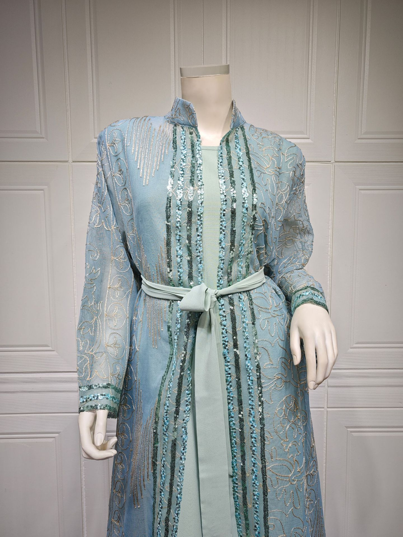 Damenbekleidung, Naher Osten, muslimische Robe, zweiteiliges Set mit Gürtel, Dubai-Kleid, elegante Strickjacke, langer Rock_voghion.com