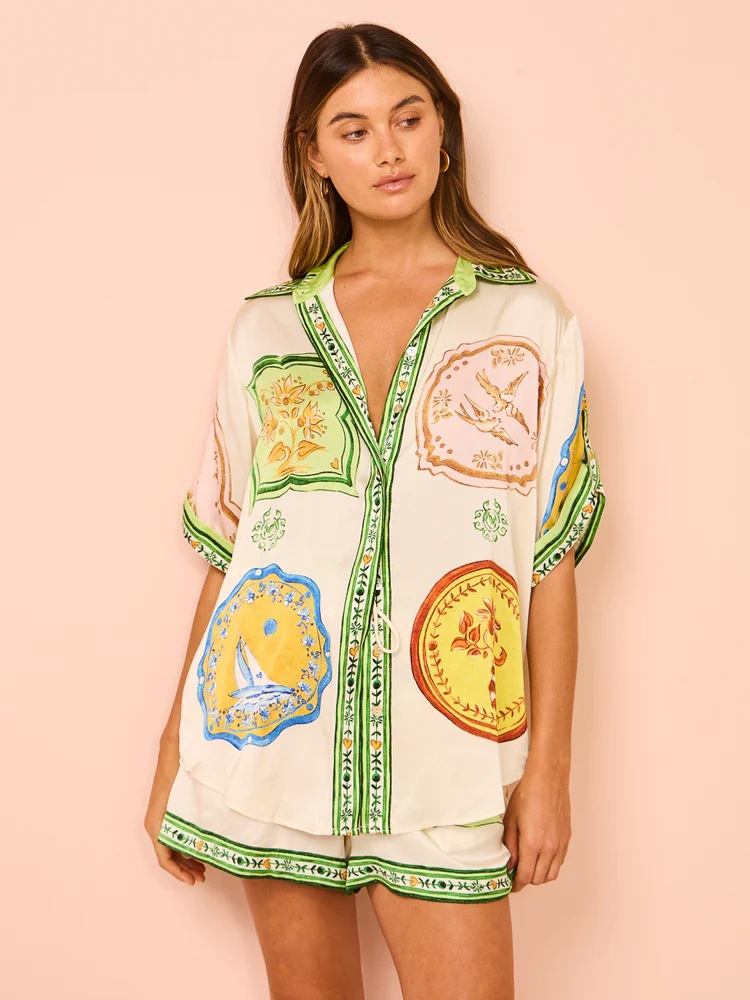 Ladies summer new loose casual shorts fashionable all-match printed satin shirt collar two sets_voghion.com