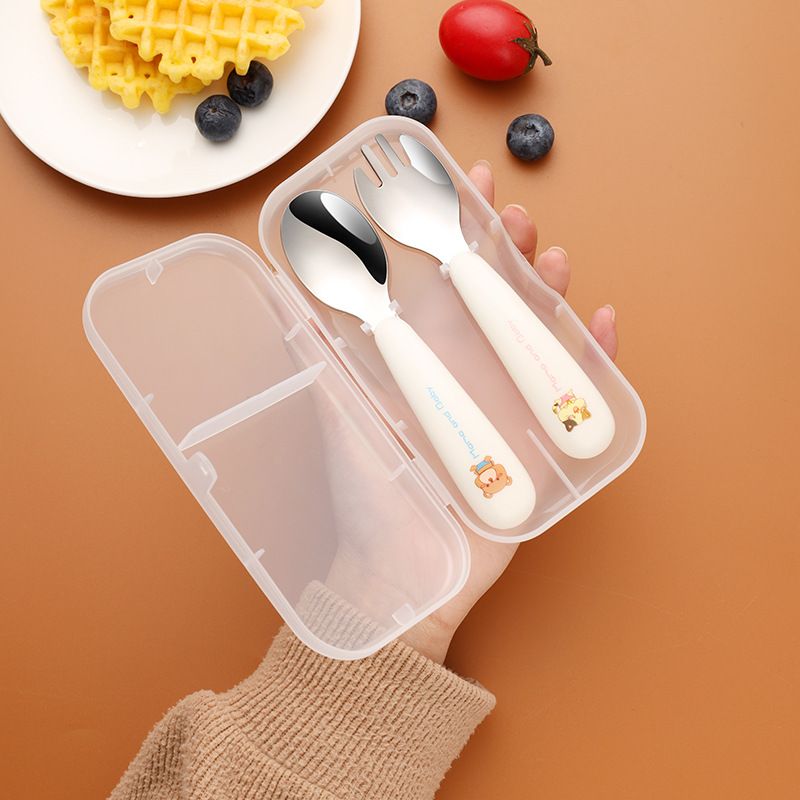 Conjunto de talheres de aço inoxidável para crianças, garfo, duas peças, para alimentação doméstica, colher de sopa de cabo curto para bebê de desenho animado_voghion.com