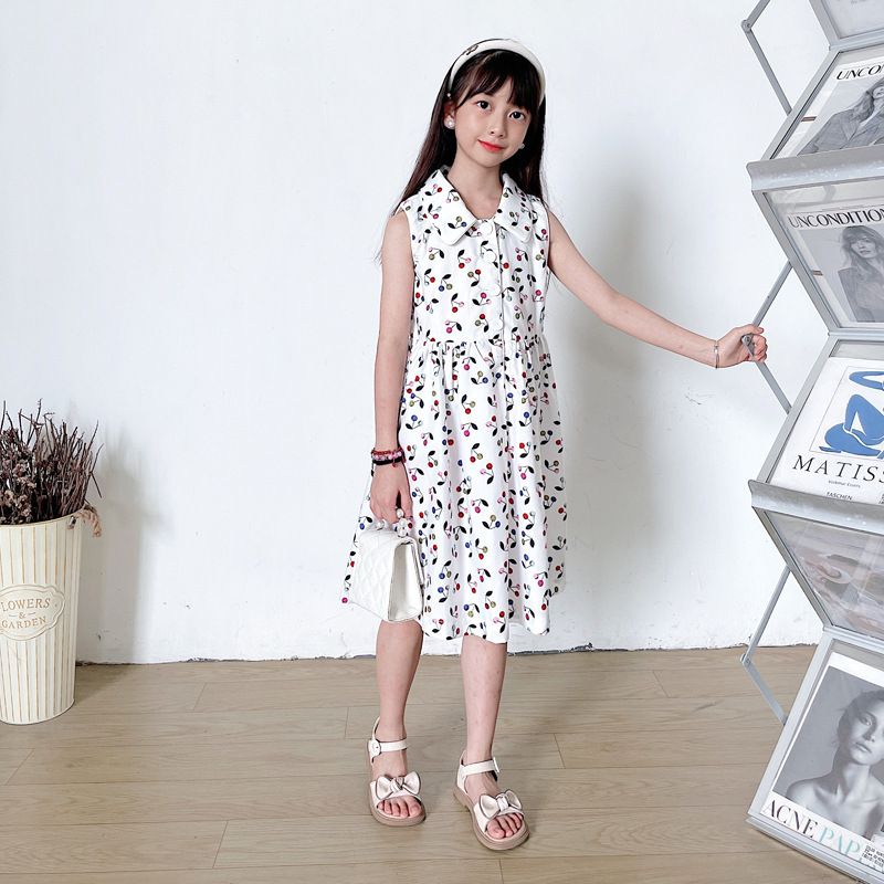 Mutter & Kinder Neue kinder Kleid Sommer Kleid Für Mädchen Mit Kleine Kirsche Stehkragen Ärmelloses Rock Reine Baumwolle baby Rock_voghion.com