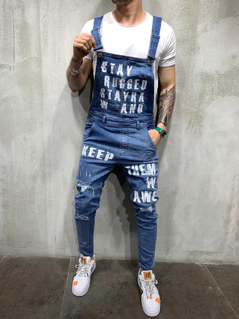 Men's Lace-Up Denim Jumpsuit Ripped Letter Denim Trousers_voghion.com