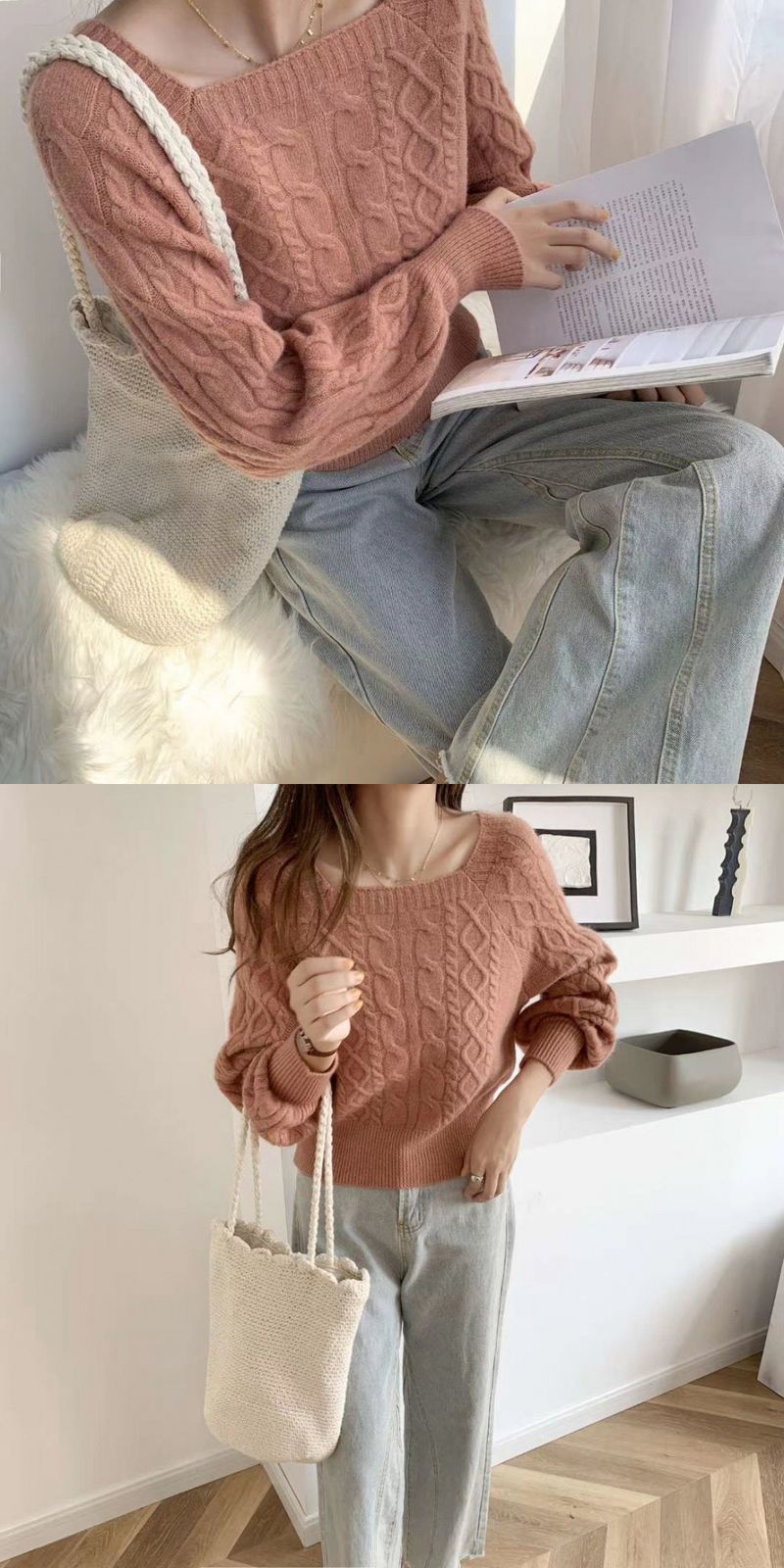 Pullover mit quadratischem Ausschnitt für Damen, Retro, verdickter Twist, Herbst und Winter, koreanischer Stil, lockere Außenbekleidung, enge Taille, schlanker Pullover_voghion.com