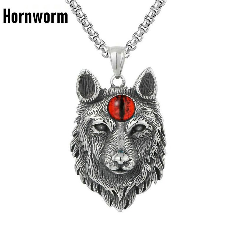 Mens Spiritual Evil Eye Wolf Head Pendant Necklace Stainless Steel Chain Punk Retro Vintage Cool Father's Day Dad Gift_voghion.com
