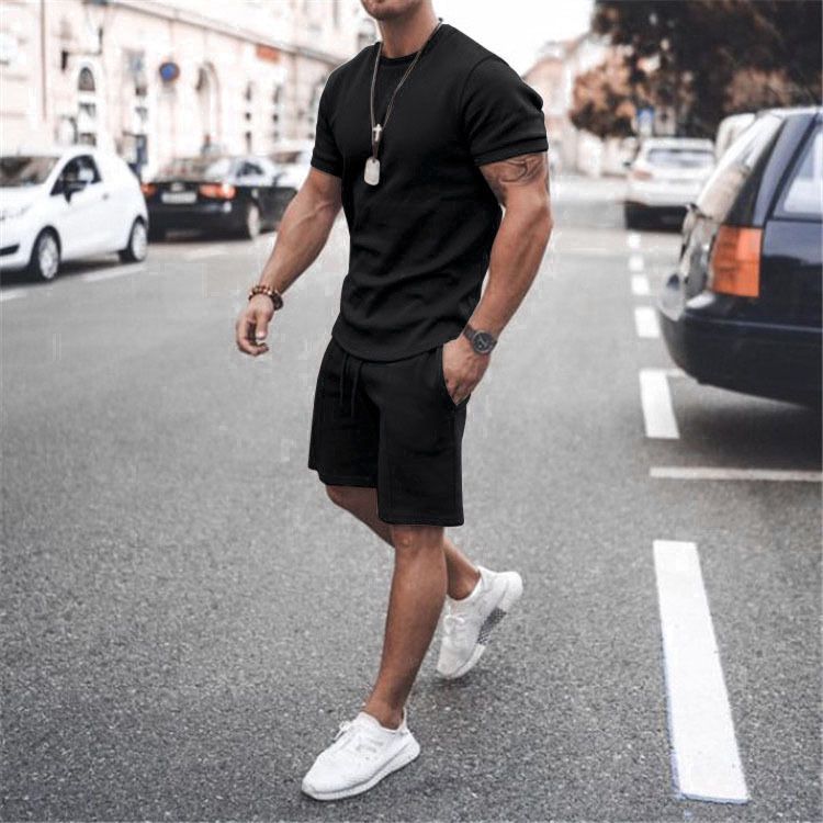 Tuta estiva da uomo con scollo tondo, sportiva e per il tempo libero, comoda con pantaloncini a maniche corte_voghion.com