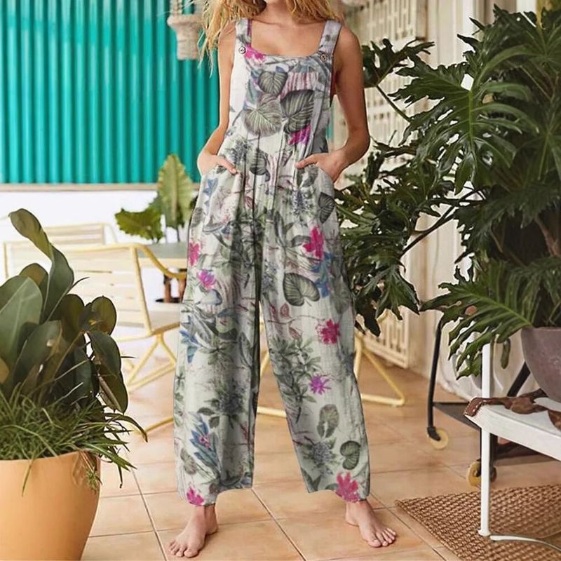 Dameklær Vår Damemote Etnisk stil Lappemønstret trykk Knapper Jumpsuit Overalls Bukser_voghion.com