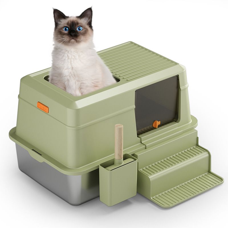 Large Fully Enclosed Stainless Steel Litter Box Deodorizing Splash-Proof Pet Supplies With Lid Cat Toilet_voghion.com