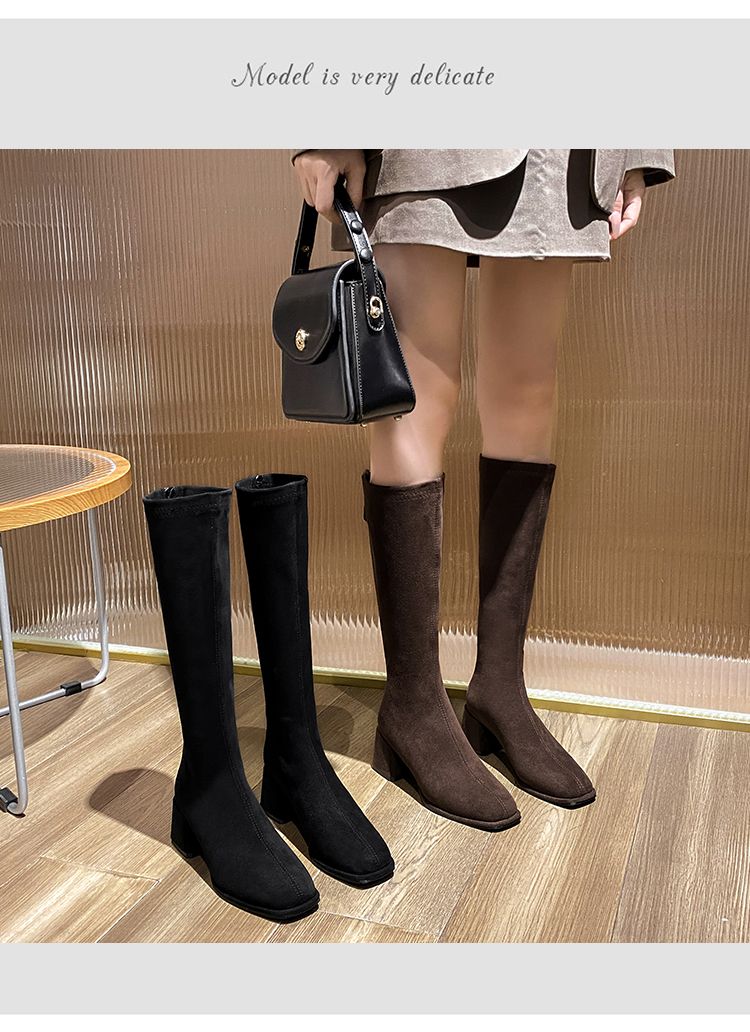 below The Knee Suede High Heel Square Head Shorty Long Boots_voghion.com