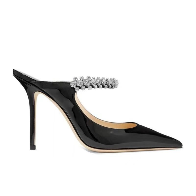 High Version Summer Pointed Rhinestone Flat Bottomed Half Slipper Sandals, Patent Leather Foreskin, One Line Strap, Back_voghion.com