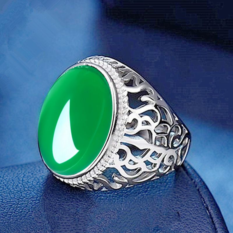 New Elegant And Bold Jade Temperamental Green Agate Adjustable Ring, Chalcedony Hollow Ring_voghion.com