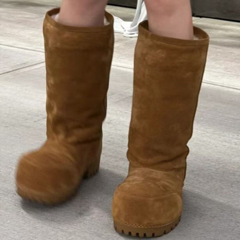 2025 neue Einfarbig Leder High Heel Pelz Stiefel Schnee Stiefel Großen Kopf Dicke Sohle Mode Winter Schnee Stiefel_voghion.com