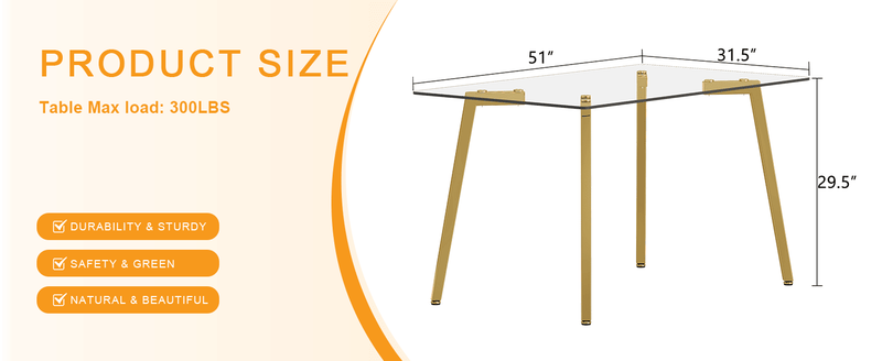 51 * 31.5 Inch Rectangular Dining Table: Transparent Glass Paired With Golden Seven Character Legs, Showcasing A Luxurious Texture. Suitable For Various Places Such As Kitchens, Dining Rooms,etc._voghion.com