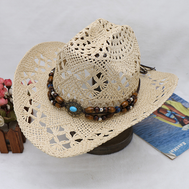 Hand-woven hollowed-out horseflower beach sunshade hats for men and women with cuffed cowboy hats_voghion.com