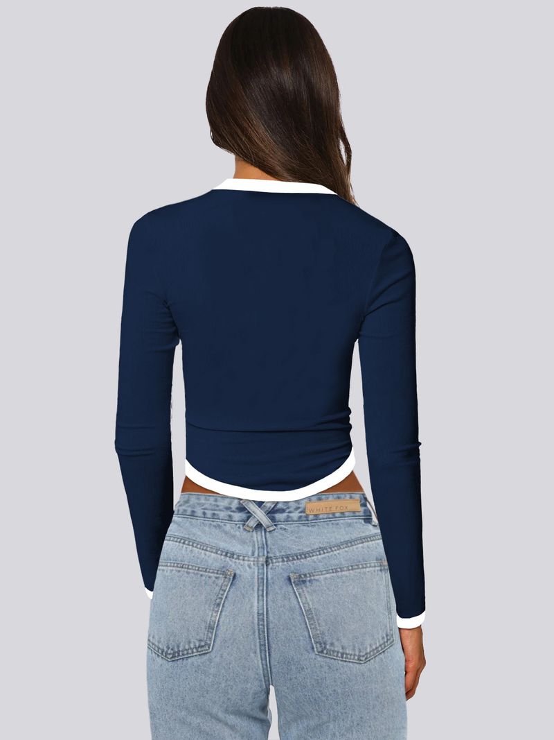 Blusa feminina primavera verão 2025, manga comprida, gola redonda, slim fit, bloco de cores_voghion.com