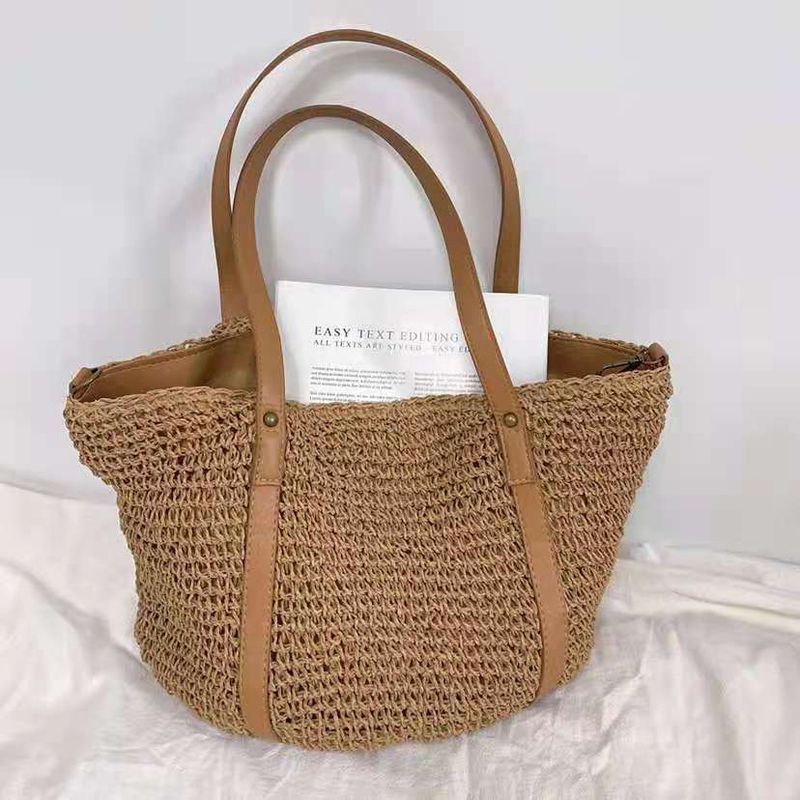 Borsa a secchiello grande capacità, borsa a tracolla in paglia intrecciata, borsa casual da donna, estate 2025_voghion.com