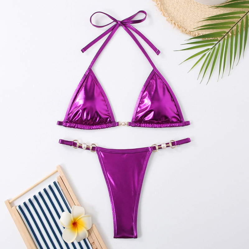 Women's Clothing Sexy Bikini Women's Two Piece Strap Bright Solid Color Swimsuit_voghion.com