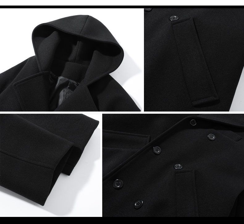 Zweireihiger Herrenmantel aus Wollmischung – Mittellanger Windbreaker mit Kapuze, wintertauglich und stylisch (Schwarz, Dunkelgrau)_voghion.com