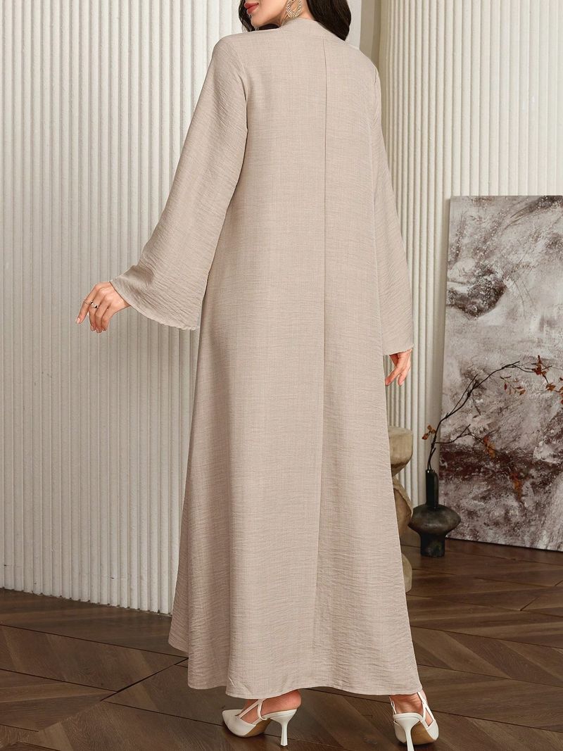 AB185 Abaya Muslim Long Sleeve Cotton Linen Elegant Embroidered Dress Solid Color Loose Fit Large Robe_voghion.com