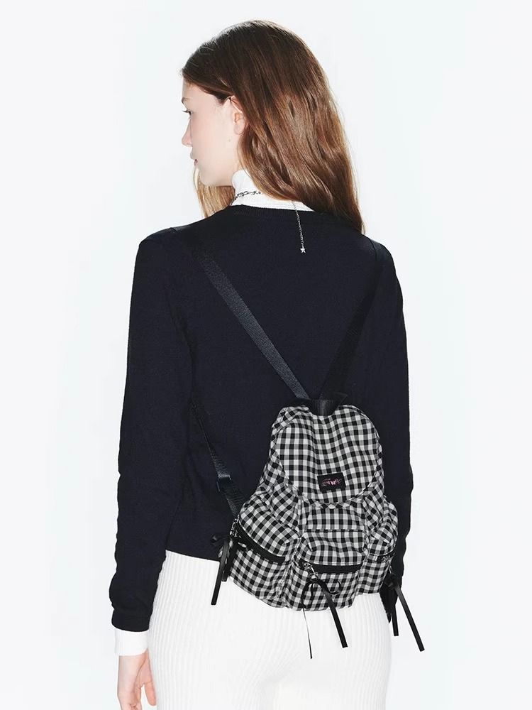 Checkered Women's Large Capacity Bow Backpack Multifunctional Casual Nylon School Bag 2025 New_voghion.com