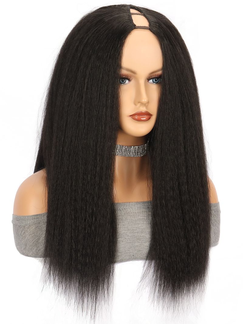 Peluca sintética con clip, peluca en forma de U para mujer, peluca sintética con parte en U, peluca negra larga y lisa, peluca YAKI_voghion.com