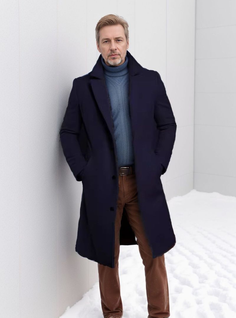 Men's Classic Wool Blend Trench Coat - Slim Fit Long Overcoat With Notch Lapel, Side Pockets (Charcoal Grey/Khaki/Black/Navy)_voghion.com