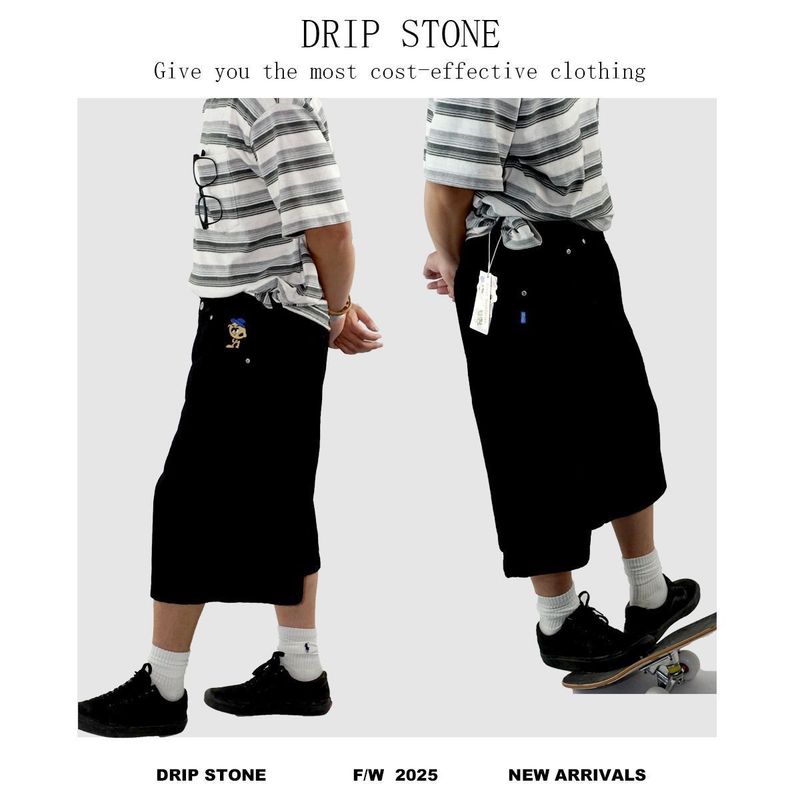 Herrenbekleidung Retro High Street Washed Embroidery Distressed Cropped-Hose Lockere, lässige Skateboard-Jeansshorts Hose mit weitem Bein_voghion.com