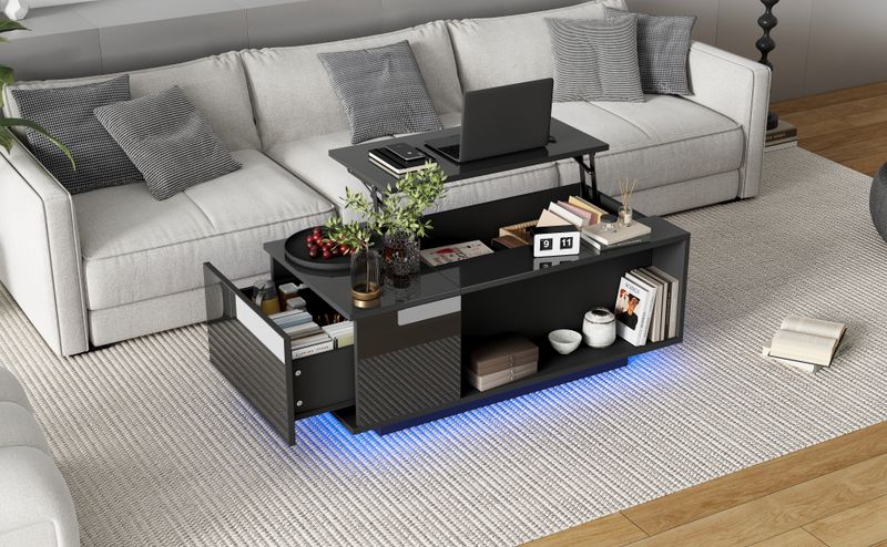 Table basse réglable en hauteur 100 x 50 x 40 cm avec rangement dissimulé, éclairage LED, tiroir, table d'appoint de salon, noire_voghion.com