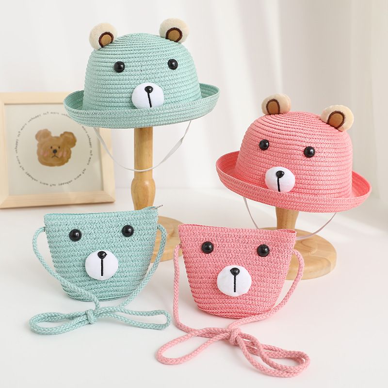 Borsa Paglia Set Estate Bambini Neonato Protezione Solare Cappello Carino Modello Cartone Animato_voghion.com