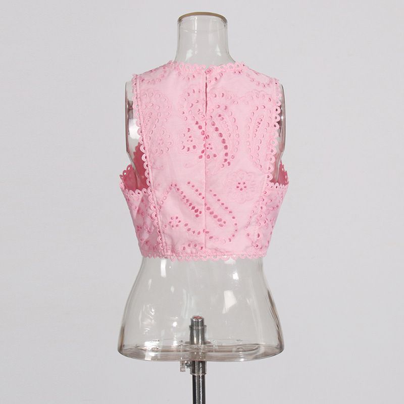 Vêtements pour femmes, col rond, gilet sans manches, taille haute, jupe brodée, costume deux pièces_voghion.com