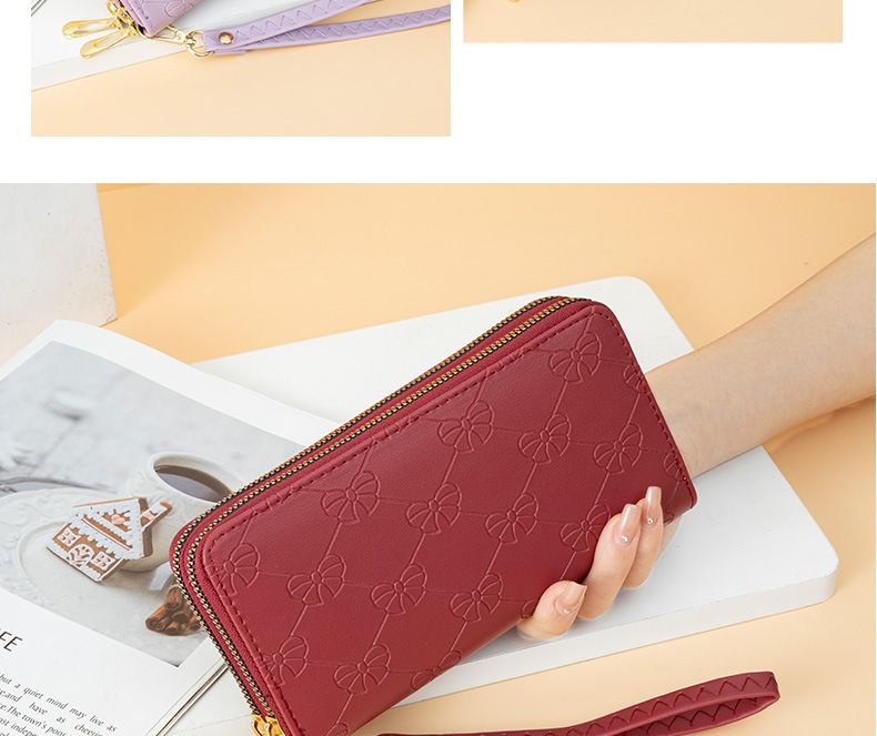 Portafoglio lungo da donna, alla moda, semplice, con fiocco stampato, grande capacità, doppia cerniera, porta cellulare_voghion.com