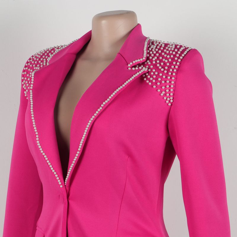 Traje de dos piezas ajustado de manga larga con perlas para mujer_voghion.com