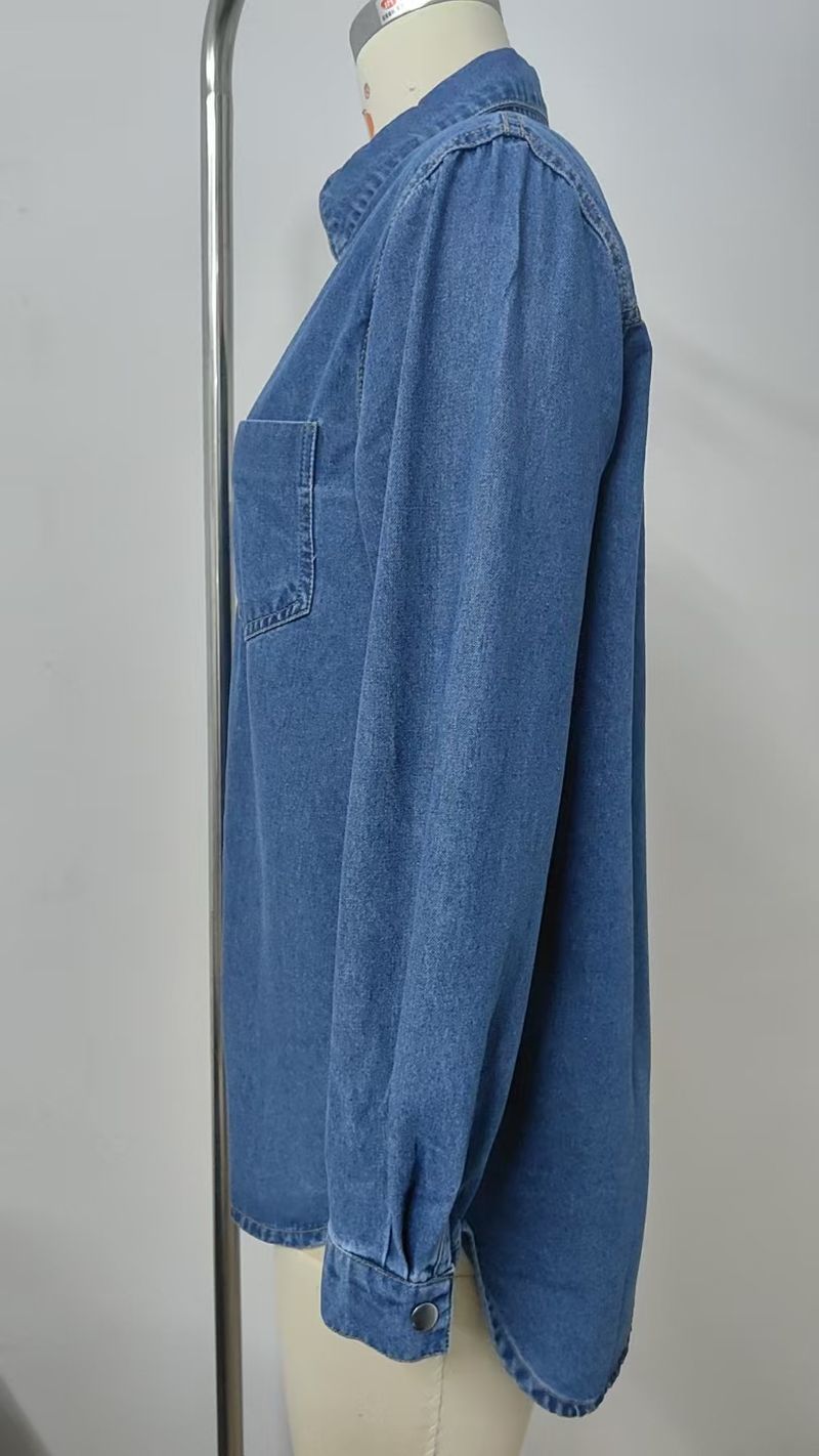 Vintage Wash Denim Shirt For Women – Distressed Loose Fit Long Sleeve Button-Up Top With Snap Buttons (Light Blue & Dark Blue)_voghion.com