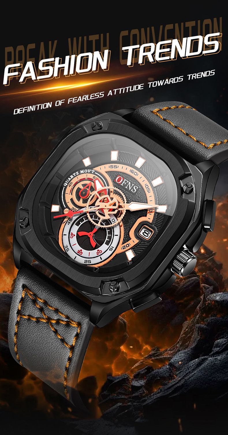 Men's Stylish Square Dial Quartz Watch With Leather Strap, Date Display, Luminous Hands, And Water Resistant For Casual Wear Men's Watch_voghion.com