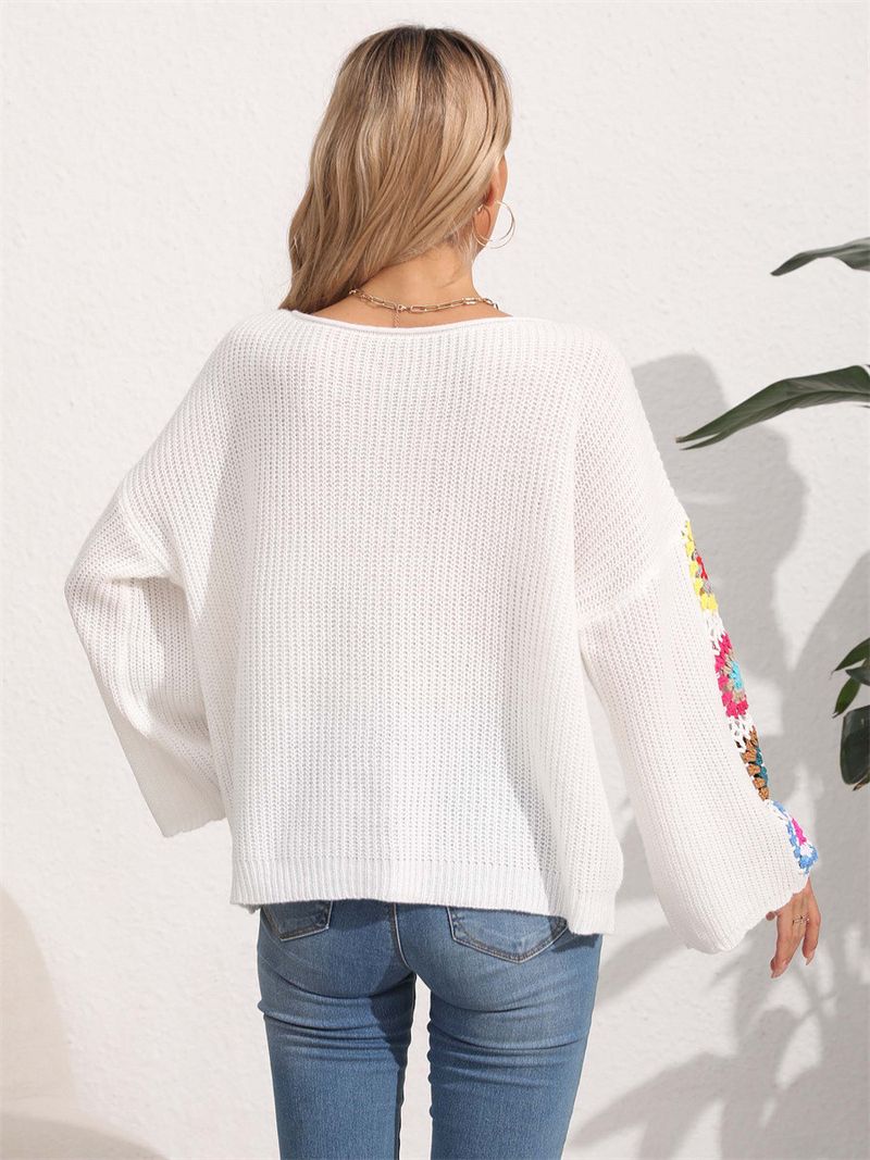 Pullover mit handgehäkelten Details, lässiger, lockerer Strickpullover für Damen, langärmliges Oberteil mit Rundhalsausschnitt (Weiß/Schwarz/Beige)_voghion.com