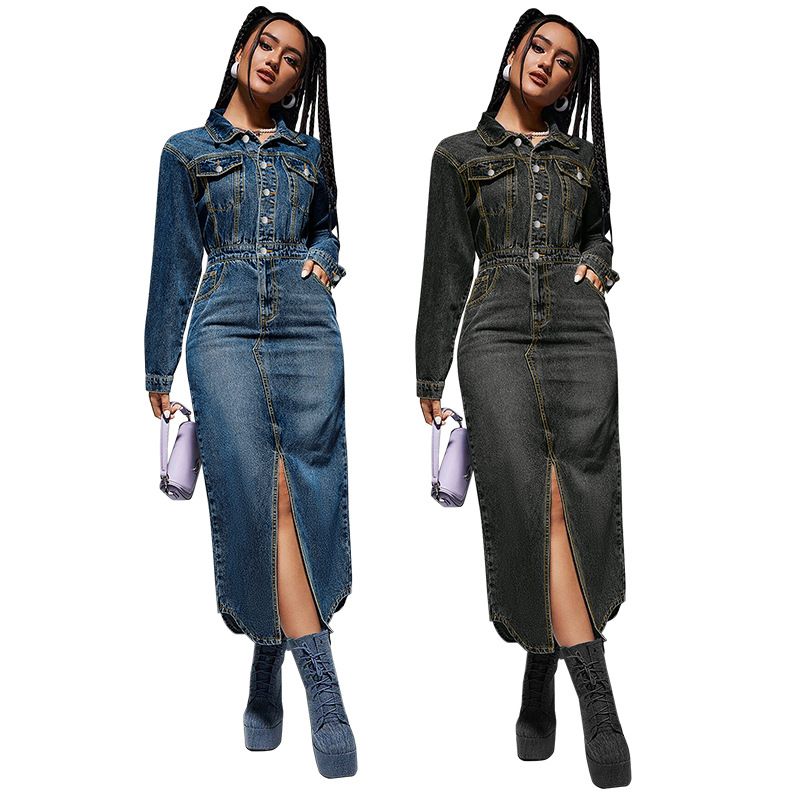 Damenbekleidung Reversknopf Langarm Schlitz Neues langes Denim-Kleid_voghion.com