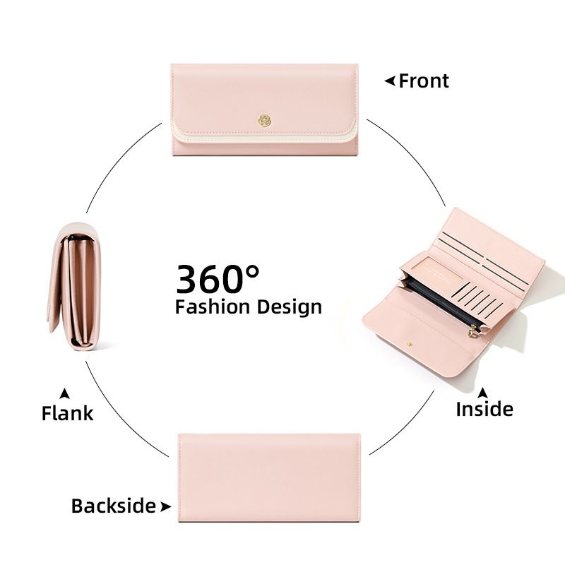Medium-length Women's Wallet Big Brand Three-fold Multi-card Slots Splicing Hand-held Genuine Leather Folding Mobile Phone Grab Bag Zipper Wallet_voghion.com