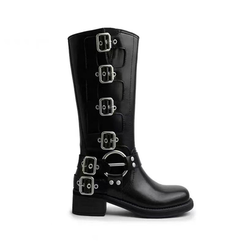 Cintura Miu Family con fibbia, tacco grosso, lunga, da donna, con punta quadrata, slip-on, stile motociclista, marrone, stile western da cowboy_voghion.com