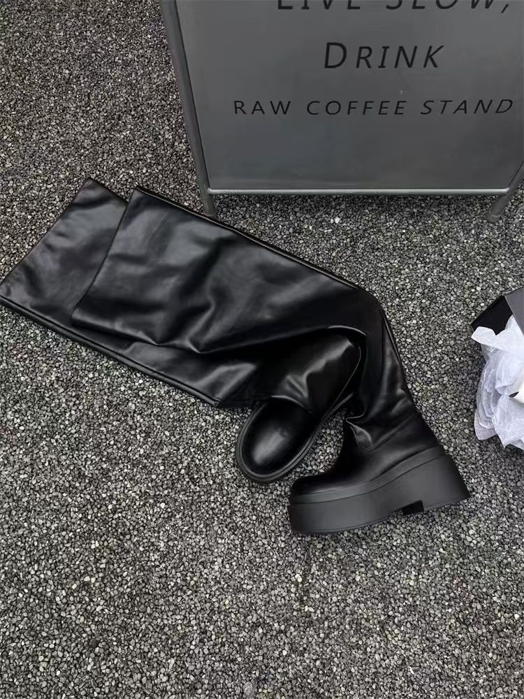 2025 Neue Herbststiefel, Faulenzerstiefel mit dicker Sohle, Designerstiefel mit hoher runder Spitze und klobigem Absatz, modisch, hundertfach tragbar, bequem, leicht_voghion.com