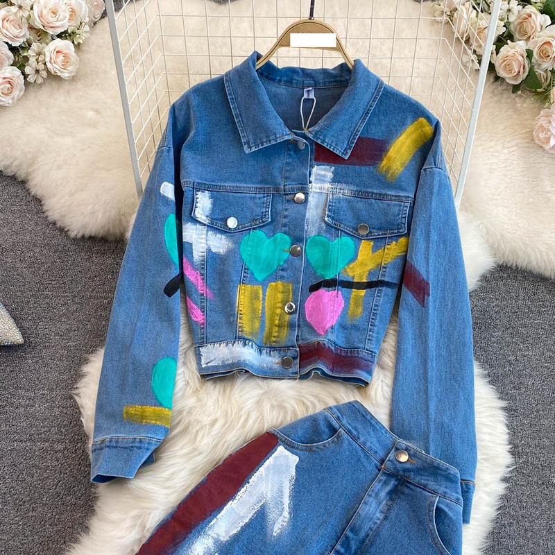 Ensemble deux pièces en denim graffiti rétro pour femme, jupe fendue taille haute A-e pour l'automne_voghion.com