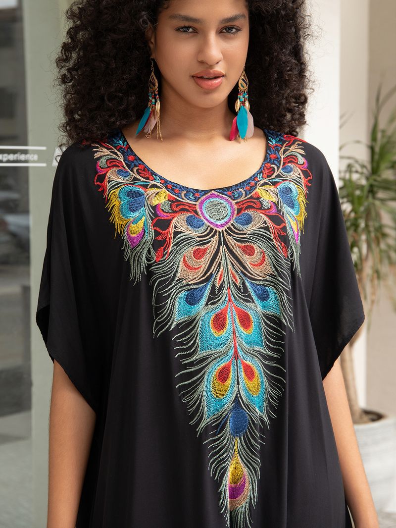 Damenbekleidung Baumwolle Stickerei Urlaub Lose Große Größe Kleid Strand Lange Robe Bikini Cover Up_voghion.com