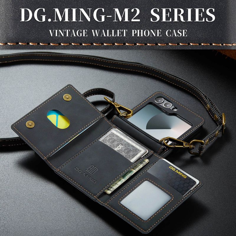 Custodia pieghevole M2 per Samsung Z Flip6 Custodia per telefono con portafoglio per carte Custodia protettiva in pelle con tracolla Z Flip6_voghion.com