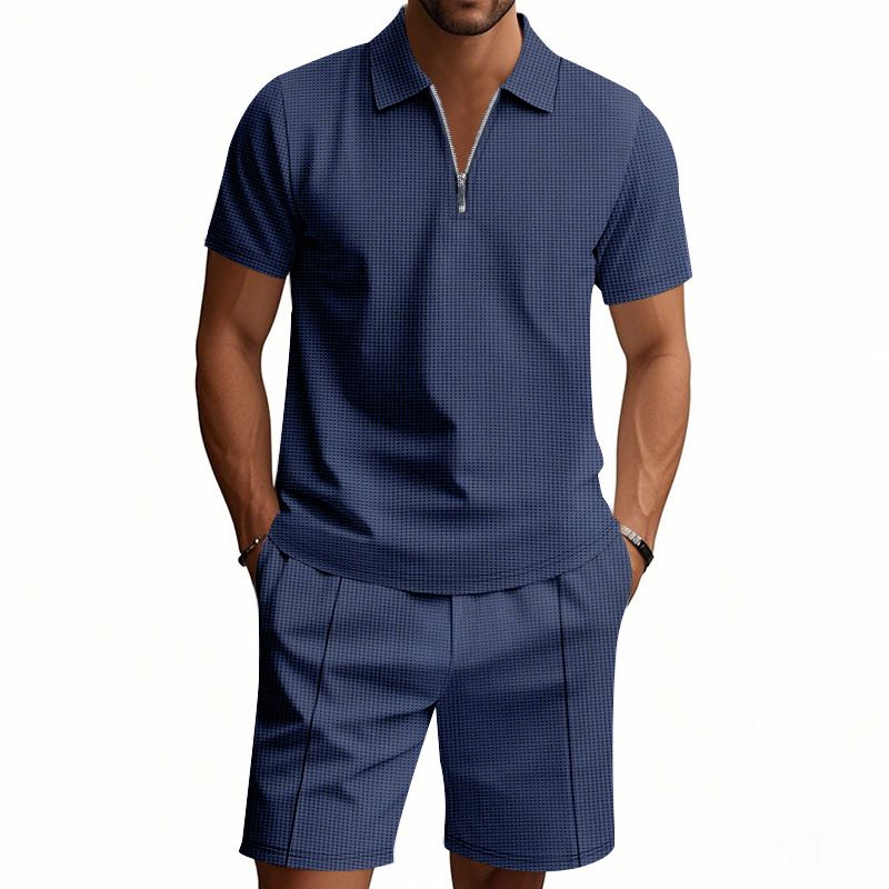 Unbeatable Quality Set Of Short Sleeved Shorts For Men's Summer Versatile Waffle Style Solid Color Casual Loose Collar T-shirt Set_voghion.com