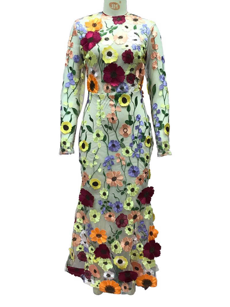 24 Spring/Summer Round Neck Colorful Three Dimensional Flower Embroidery Mesh Slimming Wrap Hip Tail Long Dress_voghion.com