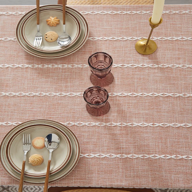 Nappe à pompons rustique marron - Housse de table rectangulaire en lin et coton mélangés de style ferme pour salle à manger/table basse_voghion.com