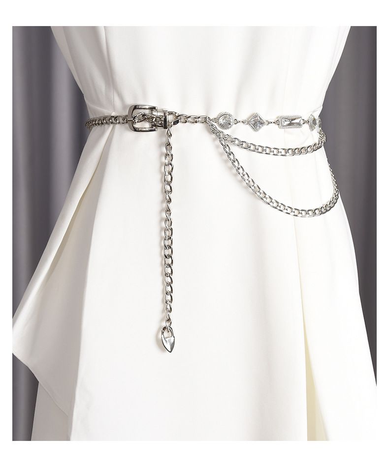 Nueva tendencia de moda: falda con cinturón fino de metal versátil con colgante de cristal y cintura de vestido._voghion.com