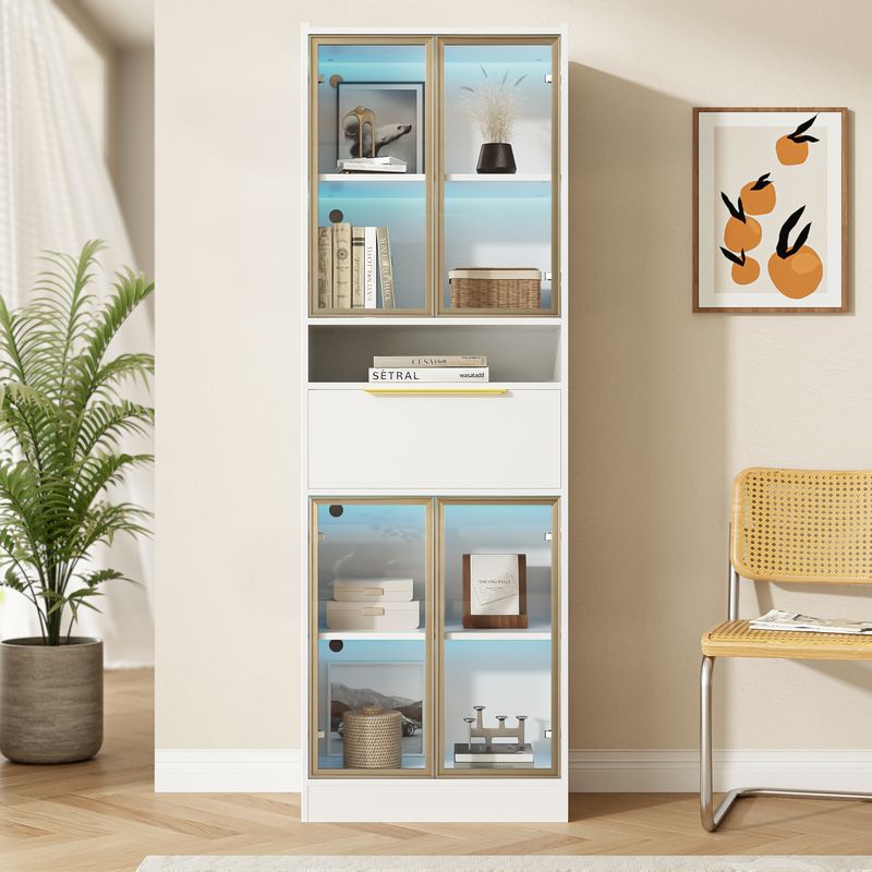 Meuble haut blanc moderne avec éclairage LED 16 couleurs et Bluetooth, 60 x 35 x 180 cm, vitrine avec tiroir et façade en verre, placard de rangement pour salon, chambre ou bureau, MDF et verre de sécurité._voghion.com
