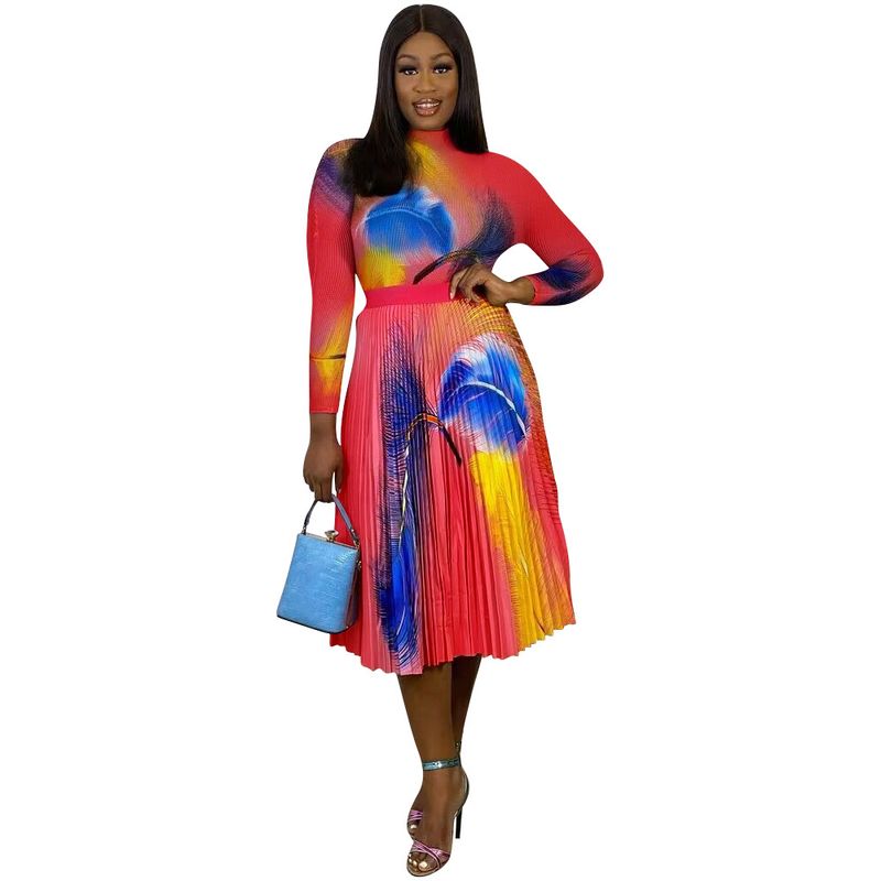Maglietta attillata classica da donna, plissettata, alla moda, stampata, lavorata a maglia con motivo a mais + gonna ampia a vita alta_voghion.com