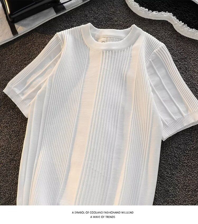 Männerkleeder Kuerzärm Pullover fir Männer am Summer, einfacht an villfältegt Design, gestreift hallefärmlech Ronnhals gestrickt T-Shirt_voghion.com