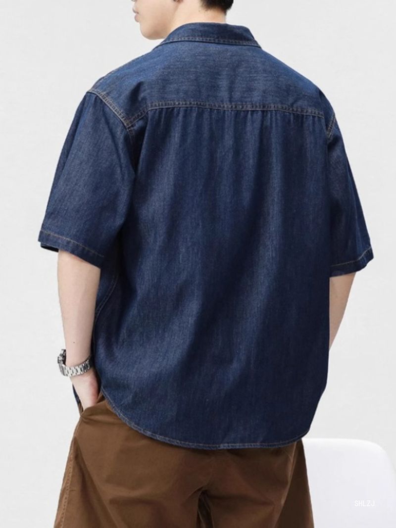 Camicia in denim a maniche corte con bottoni, tinta unita, retrò, da uomo, lavata neutra, effetto consumato, con maniche a cinque punte_voghion.com